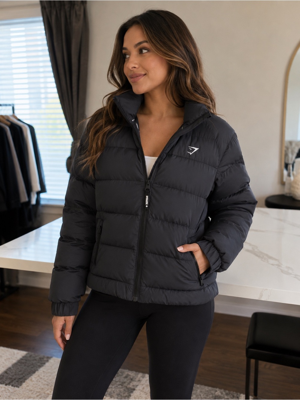 black Gymshark Essential Puffer Jacket size small
